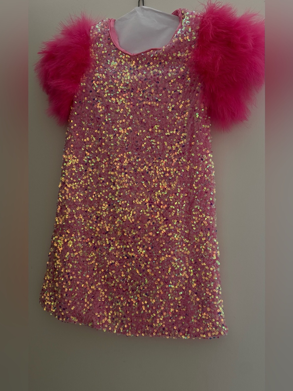 Lola + The Boys Pink Sequin Dress with Hot Pink Feather Sleeves